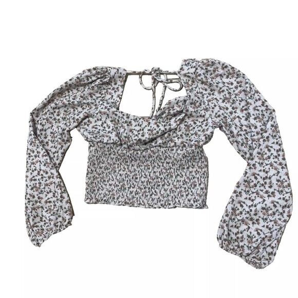 BLOOMFIELD Long Sleeve Crop Blouse Puff Sleeve Peach Floral Smocked Bloom NEW XL - Picture 3 of 16